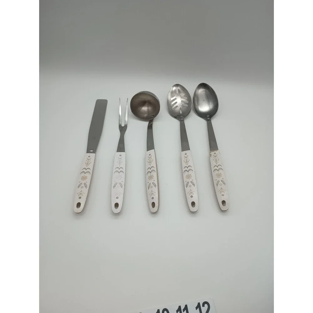 Vtg Flint Ekco Harvest Wheat Stainless 5 Piece Serving Set Slotted Spoon Ladle